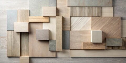 Poster - An Abstract Composition of Neutral-Toned Wooden Blocks and Panels, Featuring Varied Textures and Grain Patterns, Arranged in a Geometric Design for a Modern Aesthetic