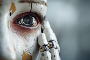 Poster - a close-up shot of a futuristic humanoid robot's eye, revealing intricate mechanical details, and sh
