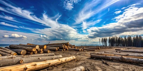 Poster - A sunny day's harvest  stacks of freshly cut timber logs rest on a cleared forest floor, under a brilliant blue sky streaked with dramatic clouds.