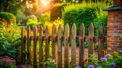Poster - Rustic wooden picket fence in a vibrant summer garden bathed in warm sunset light, showcasing blooming flowers and lush greenery