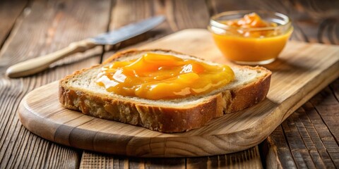 Poster - A slice of toasted bread topped with a generous dollop of vibrant, homemade fruit spread sits on a rustic wooden cutting board next to a small glass bowl of additional spread.
