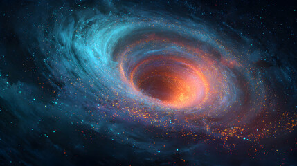 Poster - cosmic vortex swirling through the universe with vibrant hues of blue and orange in astral space
