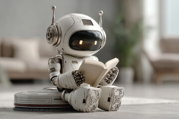 Poster - A charming robot sits on a robotic vacuum cleaner, engrossed in reading a book with a soft, warm light illuminating the room, creating a cozy and futuristic scene.