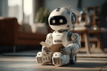 Poster - a cute and futuristic robot is sitting and reading a book inside a comfortable living room environme