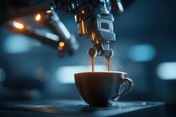 Poster - futuristic robot arm expertly pours hot coffee into a stylish cup, showcasing innovation and precisi