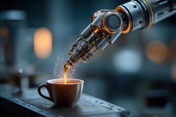 Poster - a robotic arm gracefully pours hot coffee into a cup, steam rising gently, showcasing a futuristic b