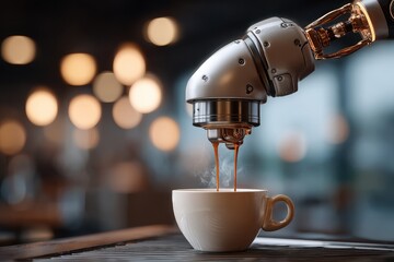 Poster - A robotic arm carefully pouring hot coffee into a ceramic cup, with bokeh lights background, showcasing automation and modern beverage preparation technology.