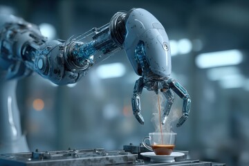 Poster - Robotic arm delicately pours coffee into a glass cup, showcasing the blend of technology and everyday life, set against an industrial blurred background.