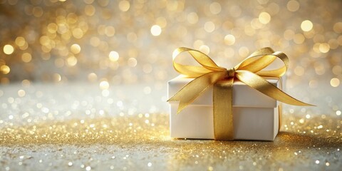 Poster - A Luxurious White Gift Box Adorned with a Golden Ribbon, Resting on a Sparkling Golden Surface