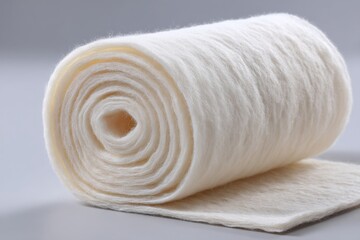 Poster - A close-up studio shot of a roll of white cotton batting, fluffy and soft, ideal for quilting, crafts, and various textile applications, presented on a neutral surface.