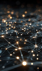 Poster - Abstract network representation with glowing nodes connecting through a web of lines on black background