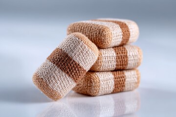 Poster - a stack of soft, striped beige and brown cotton washcloths neatly arranged on a reflective surface, 