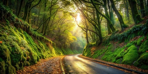 Aufkleber - Sunlit Road Winding Through a Lush, Mossy Forest with Golden Autumn Leaves