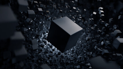 Poster - Central cube surrounded by smaller cubes floating in a dark slightly illuminated space