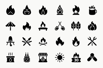 Poster - High quality line icons depicting bonfires fireplaces flames and related imagery for design projects