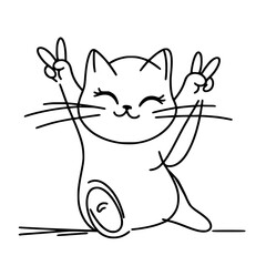 Poster - Cute cat making peace signs in a playful single line outline vector  