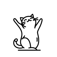 Poster - Happy cat stretching with paws raised in a minimalist line art style, single line outline vector   
