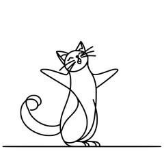 Poster - Cat singing in a happy pose, drawn in vector style with single line outline