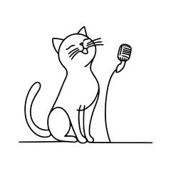 Poster - Cat singing into a microphone in a playful single line outline vector  