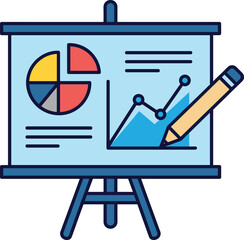 Poster - Business presentation on a whiteboard easel with a pie chart and a line graph