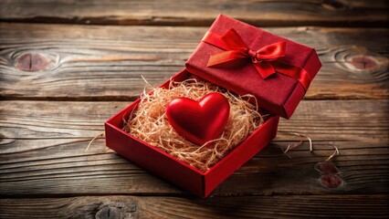 Poster - A crimson gift box, adorned with a satin ribbon, rests on a rustic wooden surface, its interior filled with shredded paper, gently cradling a vibrant red heart.