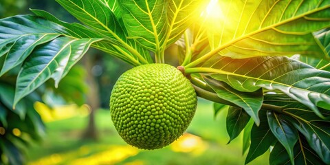 Poster - A vibrant green fruit hangs from a branch, bathed in sunlight, surrounded by large, lush leaves, showcasing the beauty of nature's bounty.