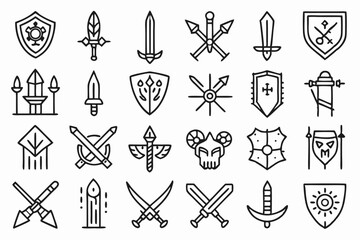 Poster - High quality line icon set featuring sword warrior and blade imagery for graphic design projects