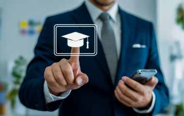 online education courses businessman using mobile app for learning and graduation program concept