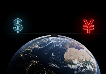 Poster - Global economy balance dollar versus yen currency exchange rate world finance international trade concept us china international global trade war