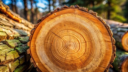 Poster - Detailed Close-Up of a Cross-Sectioned Tree Trunk Revealing Growth Rings in a Forest Setting