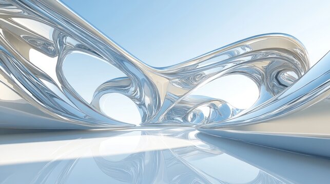 Abstract silver architectural rendering of a futuristic, organic structure with smooth, flowing lines and reflective surfaces.