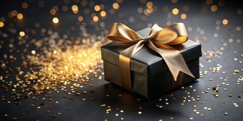 Poster - Elegant Black Gift Box with Golden Ribbon and Star Shaped Confetti on Dark Surface