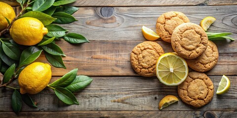 Aufkleber - Rustic wooden surface adorned with freshly baked lemon cookies and a vibrant sprig of lemons
