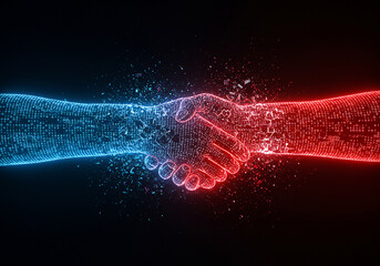 Poster - Digital handshake technology partnership concept blue and red hands agreement connection innovation us china international global trade war