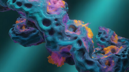 Poster - Intricate Textured Formation with Turquoise Body and Accents of Coral and Yellow Particles
