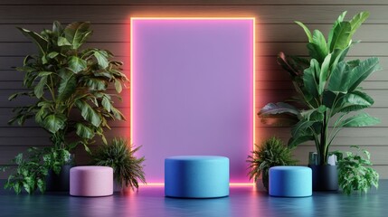 Poster - Modern indoor space with vibrant neon frame and lush green tropical plants on wooden wall background