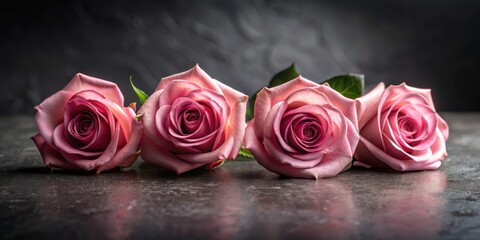 Poster - A Trio of Delicate Pink Roses Resting on a Dark Surface, Illuminated by Soft Light, Displaying Their Petals' Intricate Details and Gentle Hues