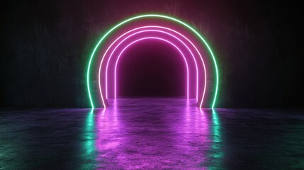 Aufkleber - Vibrant neon archway illuminated with pink and green glow reflecting on dark wet surface creating futuristic tunnel effect