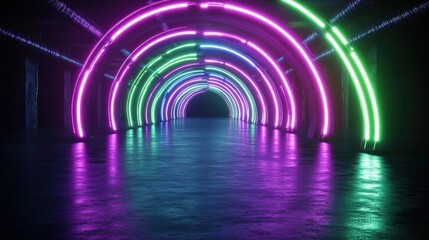 Poster - Vibrant neon light tunnel with colorful arched illumination glowing reflecting on wet dark surface at night