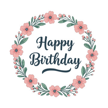 Delicate Floral Wreath Happy Birthday Greeting with Pink Flowers and Green Leaves