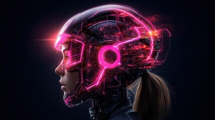 Poster - Futuristic female wea a glowing neon cyberspace helmet with digital circuits and technology elements