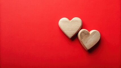 Poster - Two Wooden Hearts Resting on Vibrant Red Background, Symbol of Love and Affection