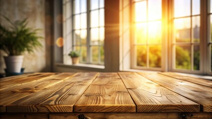 Poster - Rustic Wooden Tabletop Against a Sunlit Window View, Ideal for Product Displays and Warm, Inviting Atmosphere