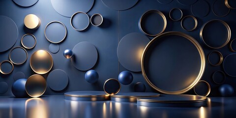 Poster - Abstract Display Dark Blue and Gold Geometric Shapes with Cylindrical Platforms