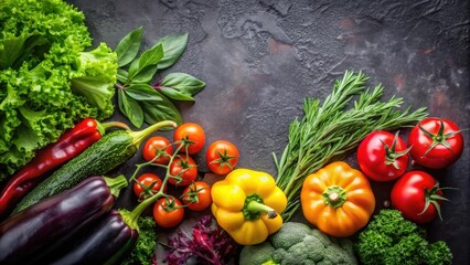 Poster - A vibrant collection of fresh vegetables arranged artistically on a dark surface, showcasing a rainbow of colors and textures, ideal for culinary inspiration or healthy eating concepts.