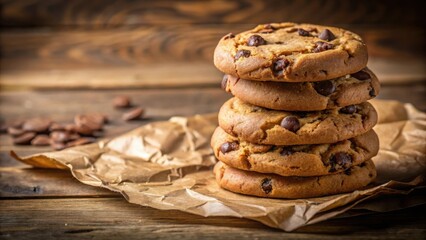 Poster - A delectable stack of freshly baked chocolate chip cookies rests on rustic brown paper, a tempting treat for any sweet tooth.