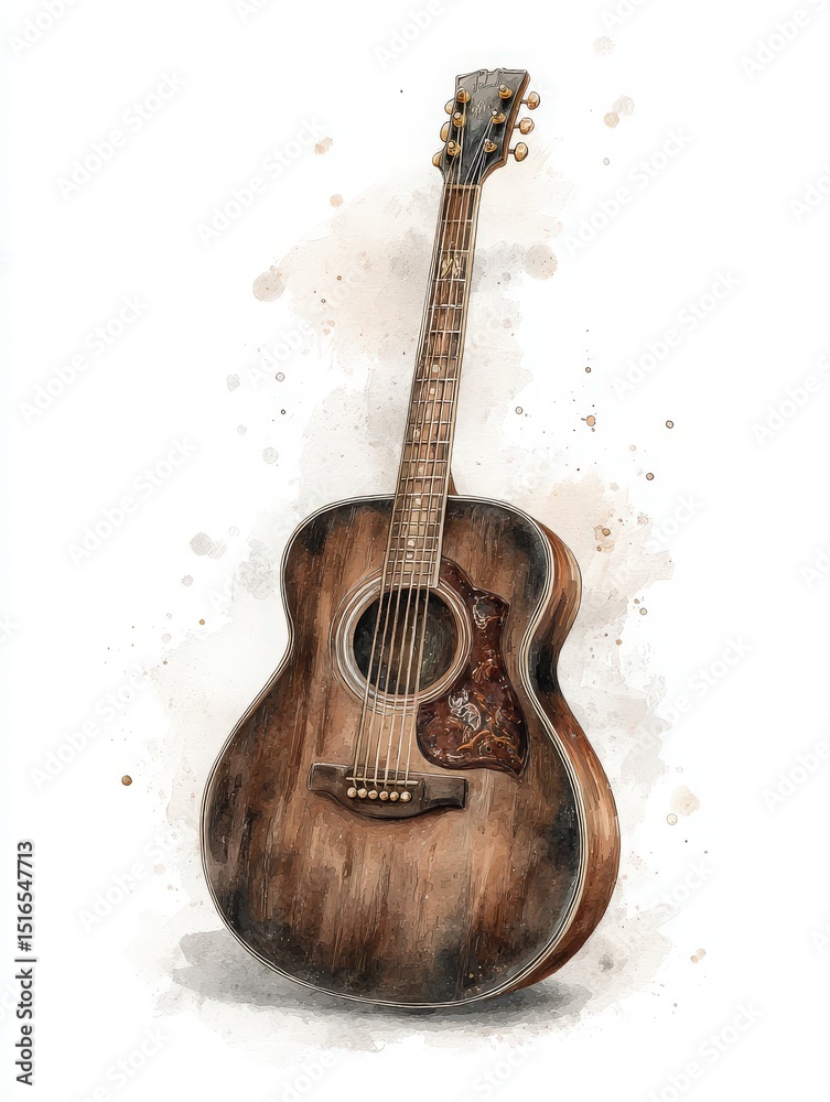 A beautifully crafted acoustic guitar rests against a subtle watercolor backdrop. The wooden surface showcases unique textures and natural patterns, highlighting its artistry and craftsmanship.