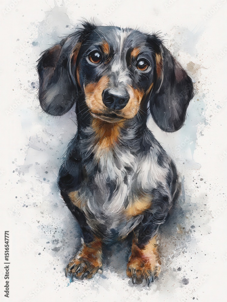The essence of a friendly dachshund featuring a striking blue and brown coat. The dog gazes curiously, showcasing its lively personality and charm.