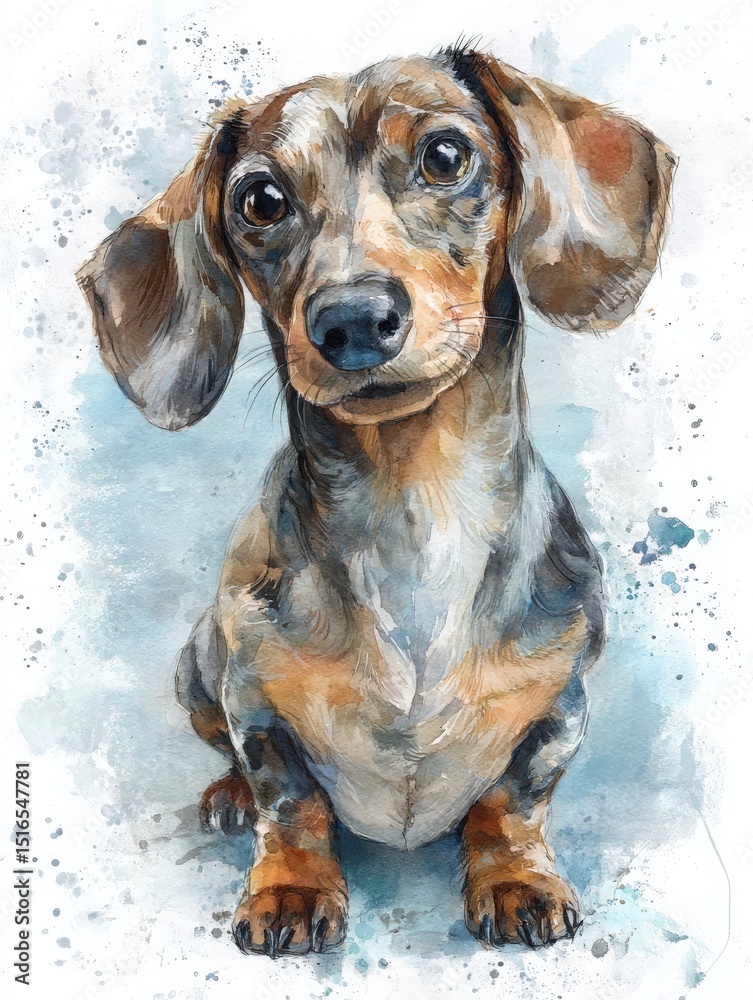 A delightful dachshund sits calmly, gazing curiously with big, expressive eyes. The dog showcases a mix of brown and grey fur against a soft watercolor backdrop, emphasizing its charm.