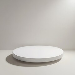 Poster - A simple white round podium on a white surface against a white wall with subtle shadows and light spots